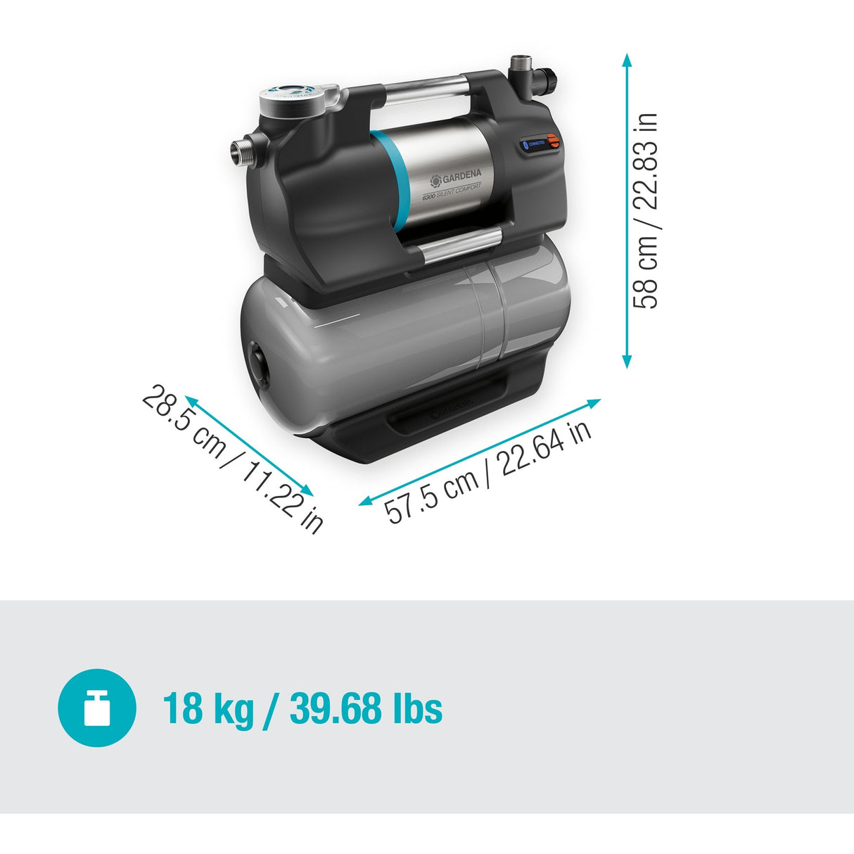 Gardena trykpumpe 6300 silentcomfort (grå rustfrit stål, Bluetooth)