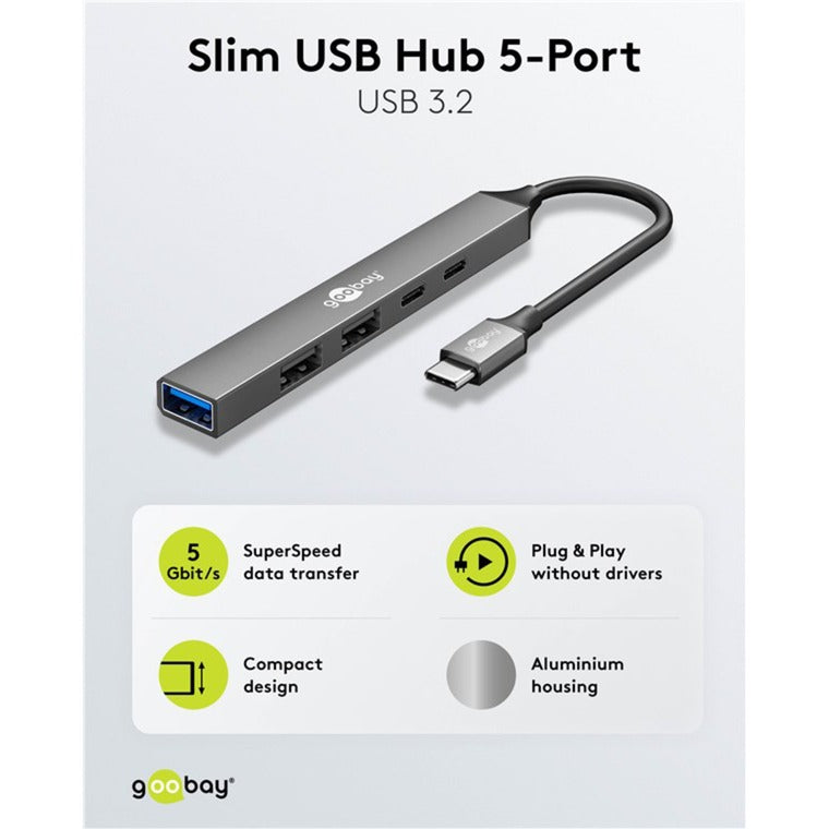 Goobay slim USB-hub med 5 porte, USB-C til USB-C USB-A, 5 Gbit s (lysegrå)