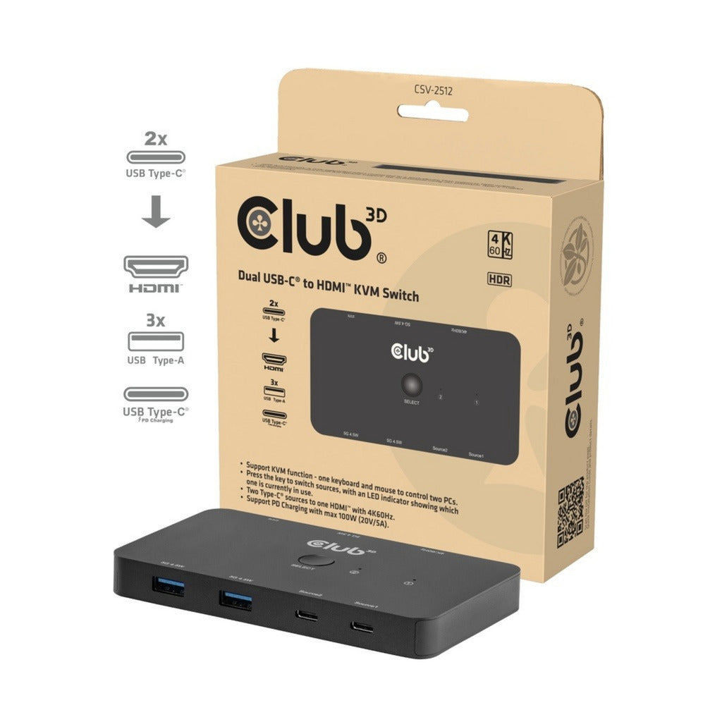Club 3d csv-2512 kvm switch dual usb-c naar hdmi kvm-switch (zwart, 4k 60hz)