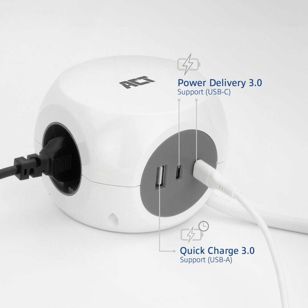 Act connectivity act strømskinne terning med 3 sokler, 30w strømforsyning USB-C a porte, kabellængde 1,5m ac2425