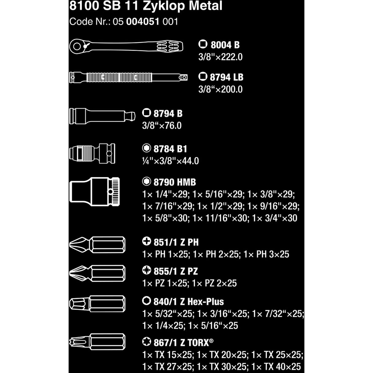 Wera 8100 sb 11 zyklop metal skraldesæt, 3 8 værktøjssæt (sort grøn, 29 dele, metal skralde med firkantet drev)