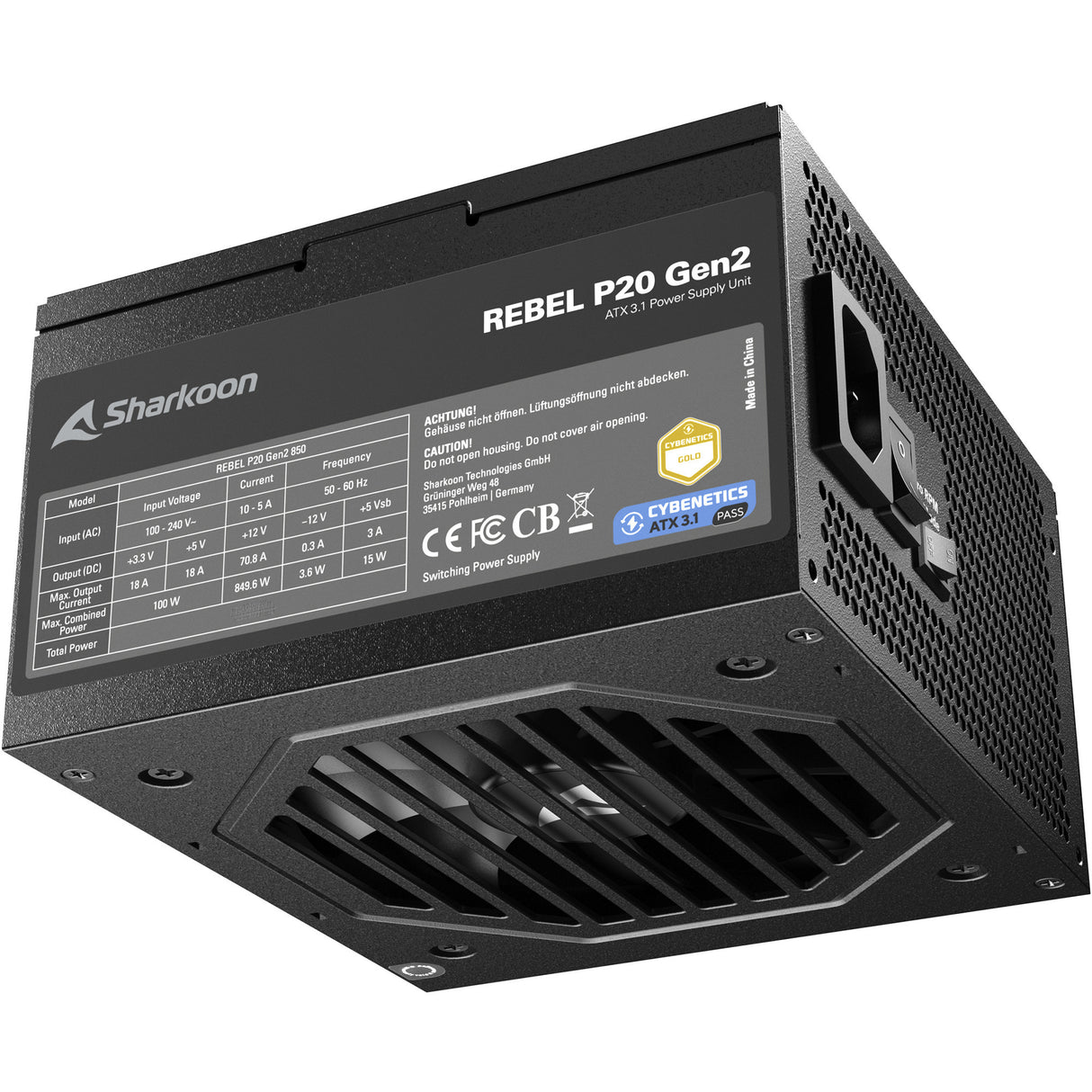 Sharkoon rebel p20 gen2 modulaire 850 watt voeding (zwart, 1x 12v-2x6, 3x pcie)