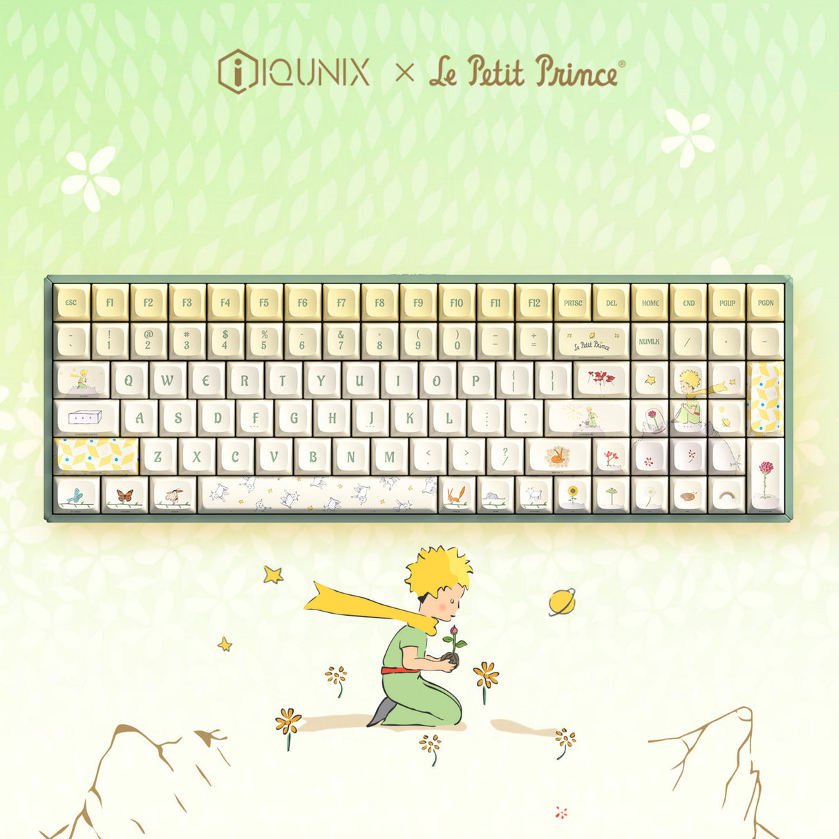 Iqunix f97 floral date rgb mekanisk gaming-tastatur (grøn, us-layout (qwerty), gateron rød, 96%, rgb-lysdioder, hot-swappable, pbt, 2.4ghz | bluetooth 5.1 | usb-c)