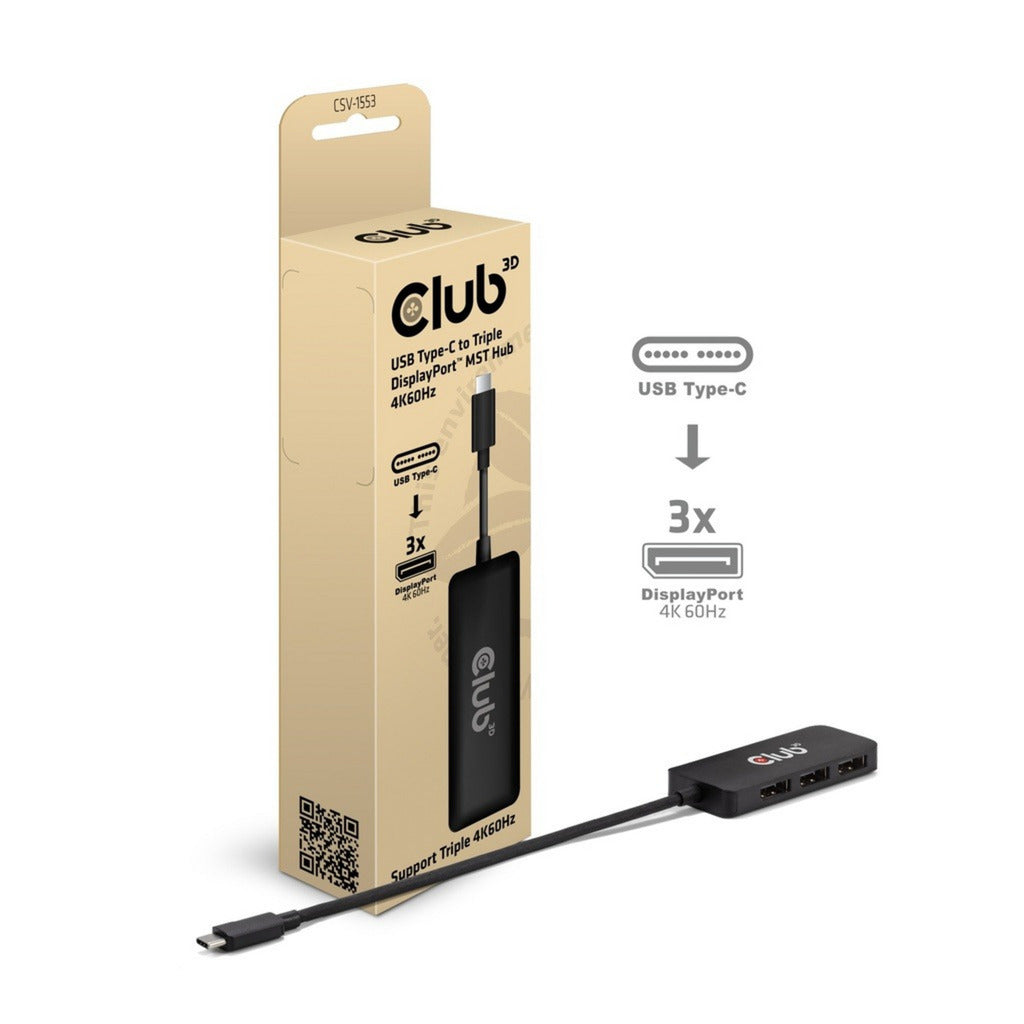 Club 3D USB-C til Triple DisplayPort MST Hub (sort, 4K60Hz)