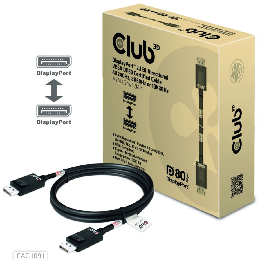 Club 3D DisplayPort 2.1 Vesa DP80 certificeret kabel han-han (sort, 1,2 meter, 4K 240Hz, 8K 60Hz, 80Gbps)