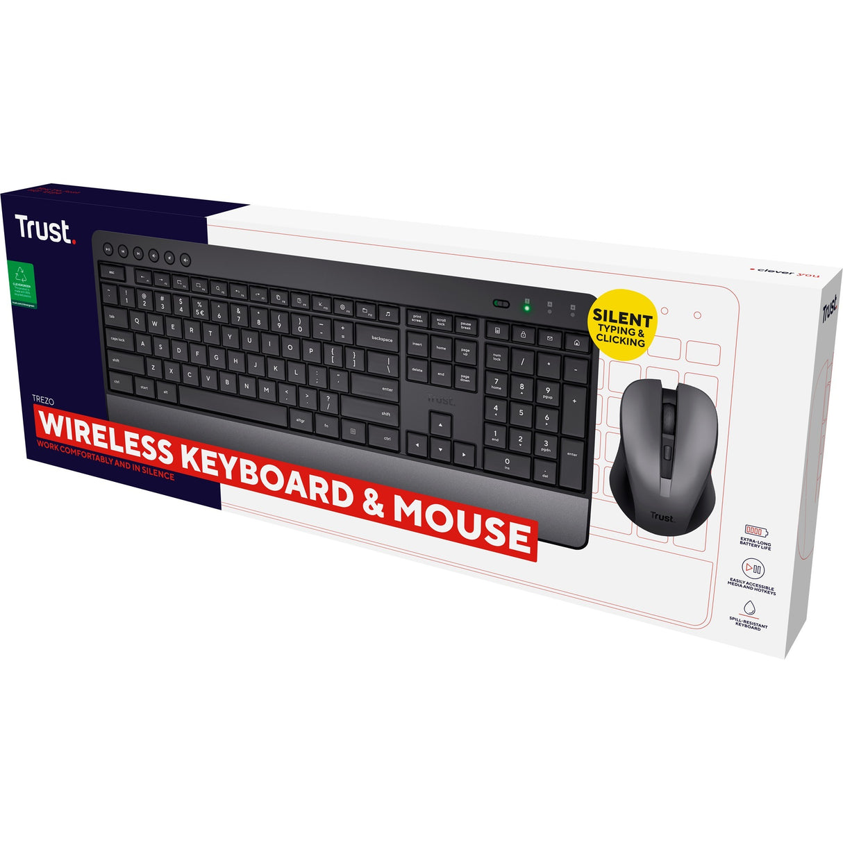 Trust trezo comfort trådløst tastatur og mus sæt desktop sæt (sort, us layout (qwerty), 100%)