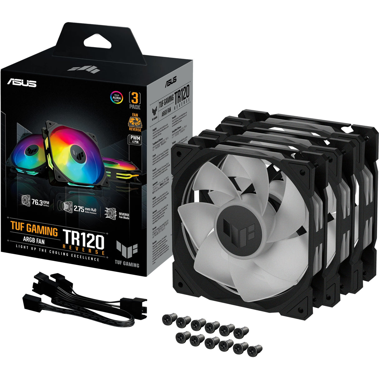 Asus tuf gaming tr120 argb reverse case fans (sort, 3 stykker, 120 x 120 x 28 mm)