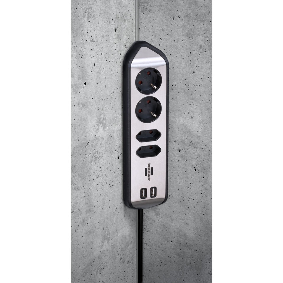Brennerstuhl ®estilo hjørne tilslutningsboks med USB-opladningsfunktion 4-vejs 2x beskyttelsesstik 2x euro sølv sort