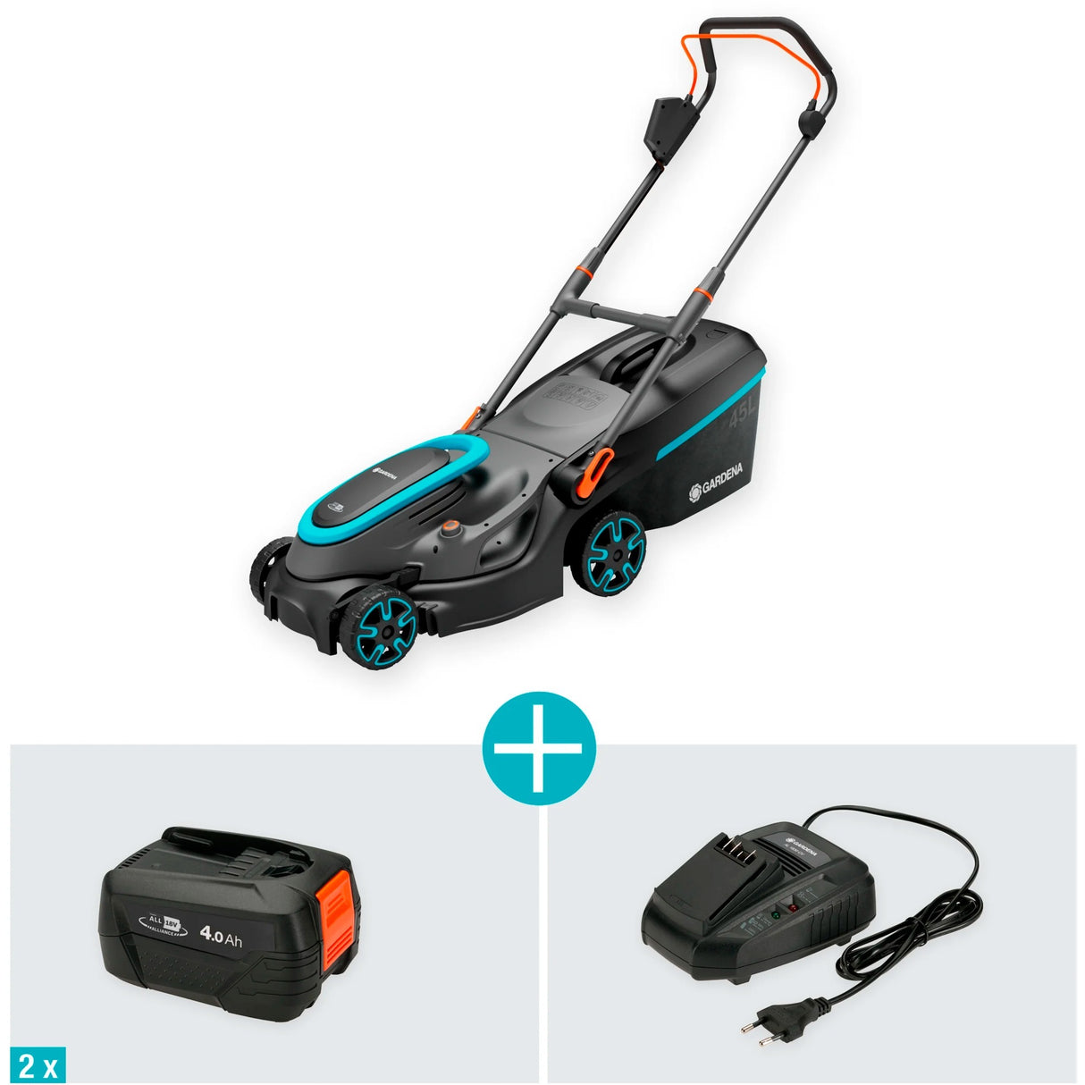 Gardena powermax 37 36v p4a klar til brug - batteri plæneklipper - 37 cm - inkl. 2 batterier