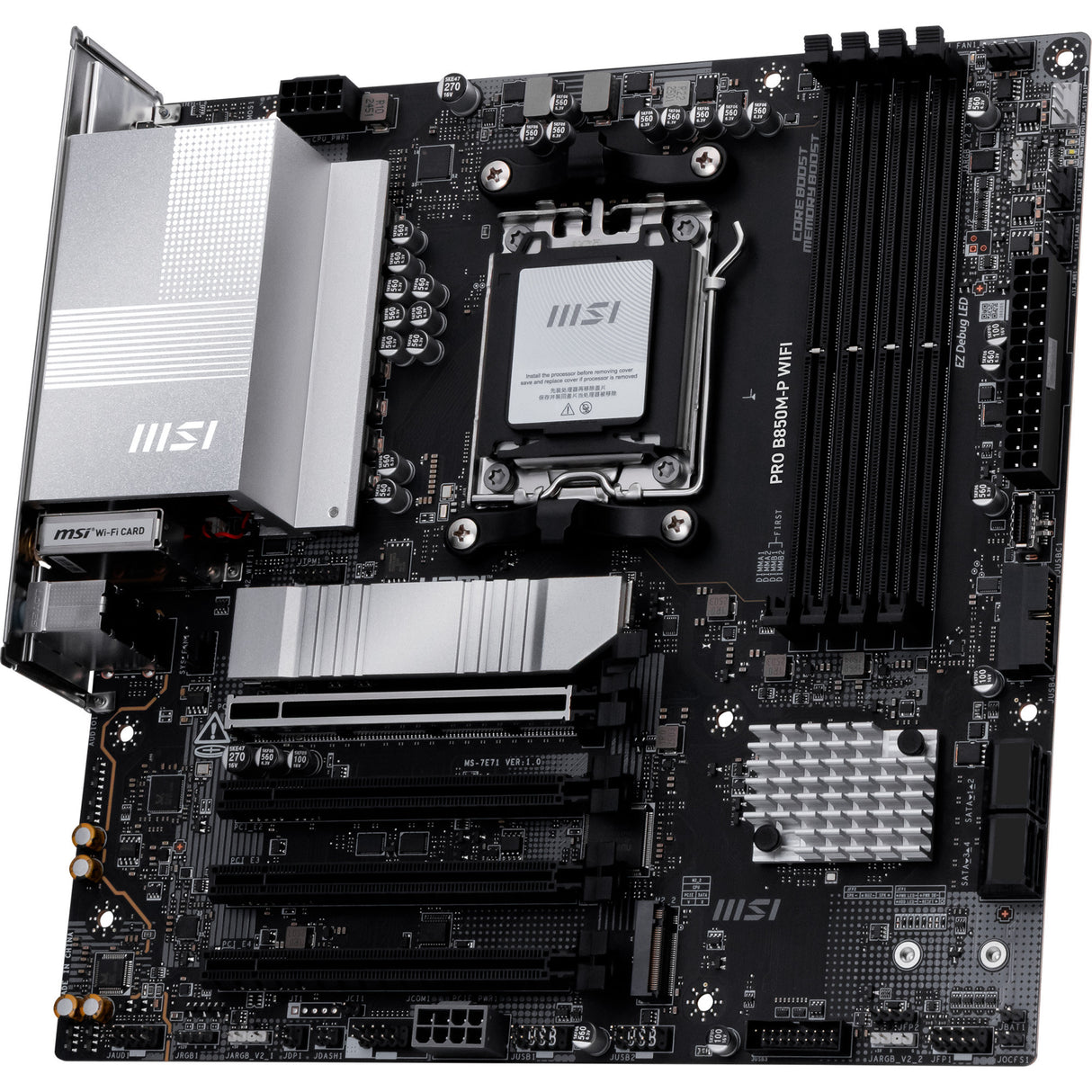 MSI Pro B850M-P WiFi Socket AM5 bundkort (sort sølv, RAID, 5GB-LAN, WiFi 7, BT, lyd, µATX)