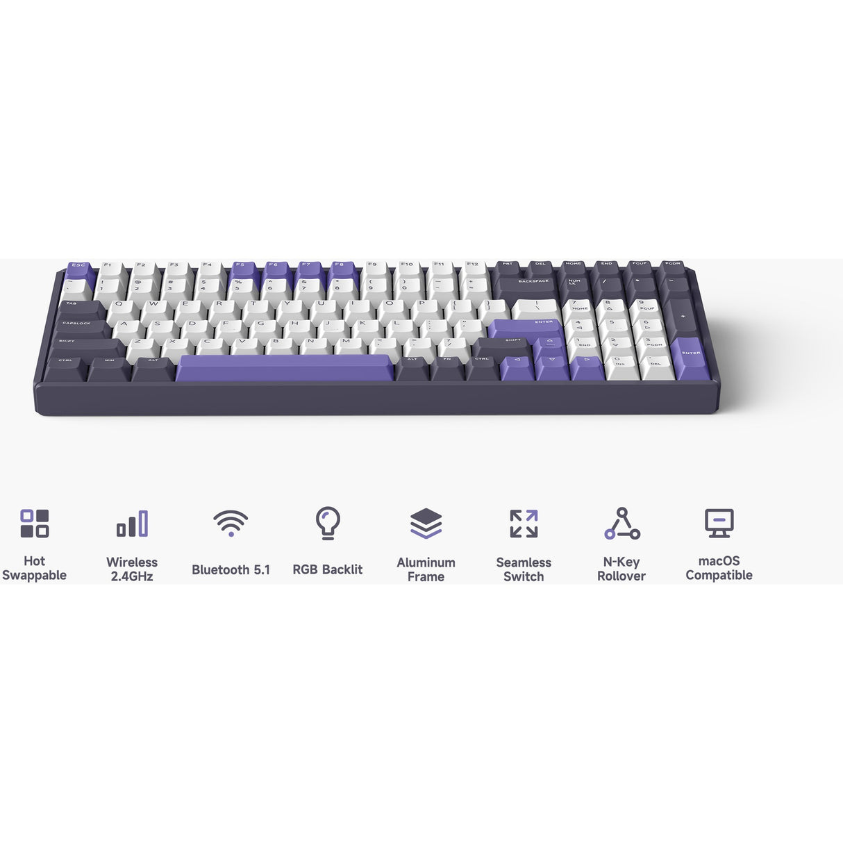 Iqunix f97 lavandin trådløst mekanisk tastatur (lavendel, us-layout (qwerty), cherry mx brown, 96%, rgb-lysdioder, hot-swappable, pbt, 2.4ghz | bluetooth 5.1 | usb-c)