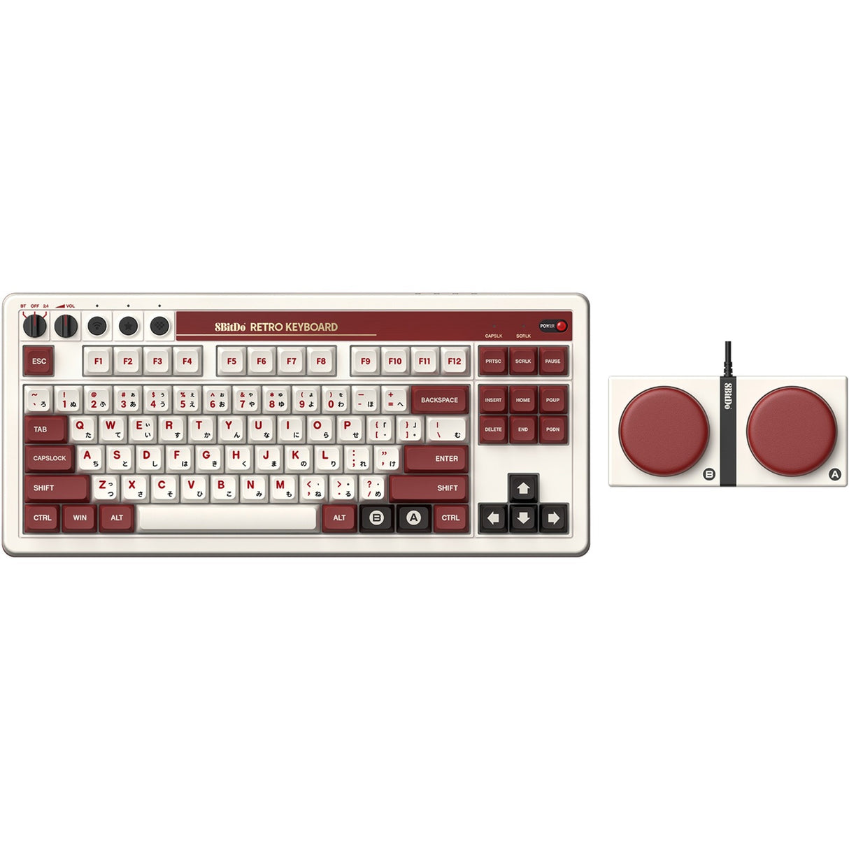 8bitdo retro mekanisk tastatur fami edition (beige, us layout (qwerty), kailh box hvid, 80% (tkl), bluetooth lavenergi, trådløs 2.4g, usb)