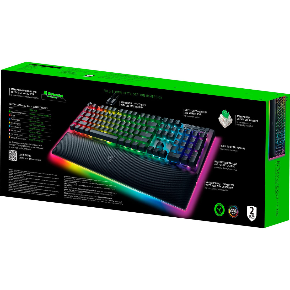 Razer blackwidow v4 pro, gaming tastatur (sort, us layout, grøn, rgb lysdioder, doubleshot abs)