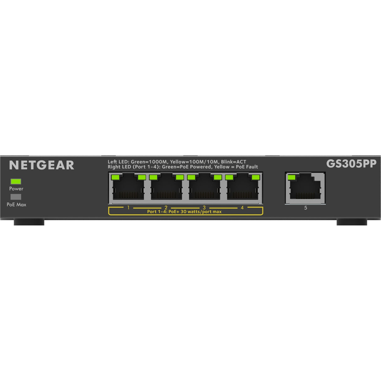 Netgear 5-ports gigabit ethernet poe+ unmanaged switch (gs305pp) (sort)