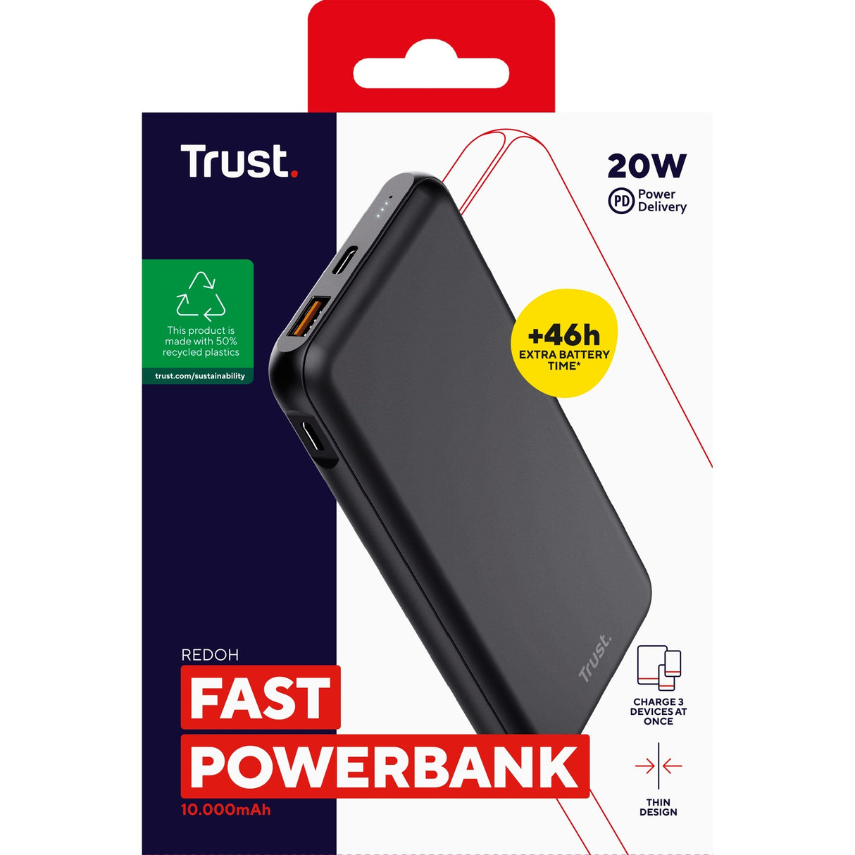 Trust redoh fast 10.000 mah powerbank (sort)