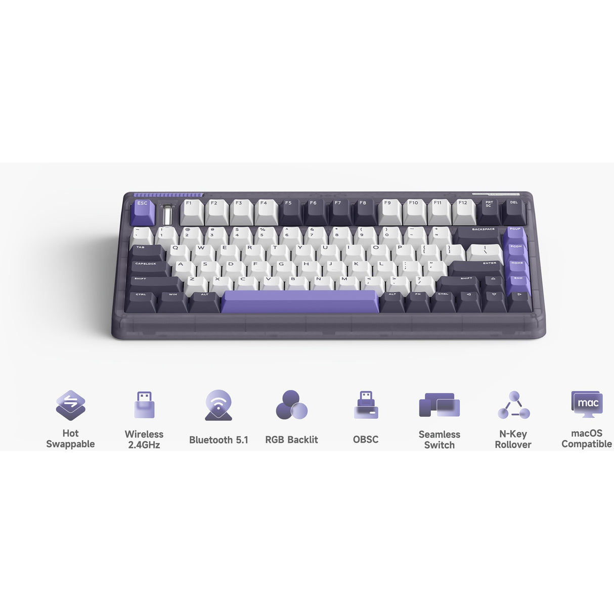 Iqunix og80 lavandin trådløst mekanisk tastatur (lavendel, us-layout (qwerty), cherry mx brown, 80% (tkl), hot-swappable, pbt, 2.4ghz | bluetooth 5.1 | usb-c)