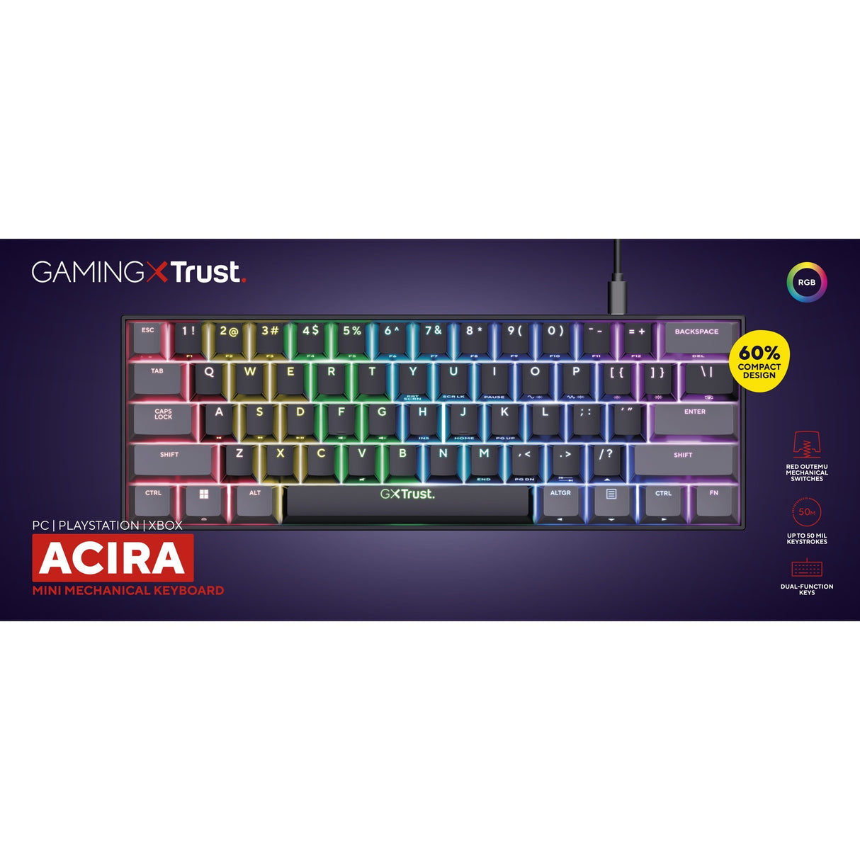 Trust GXT 867 Acira 60 % mini-mekanisk gaming-tastatur (sort, amerikansk layout (QWERTY), Outemu Red, 60 %, RGB)
