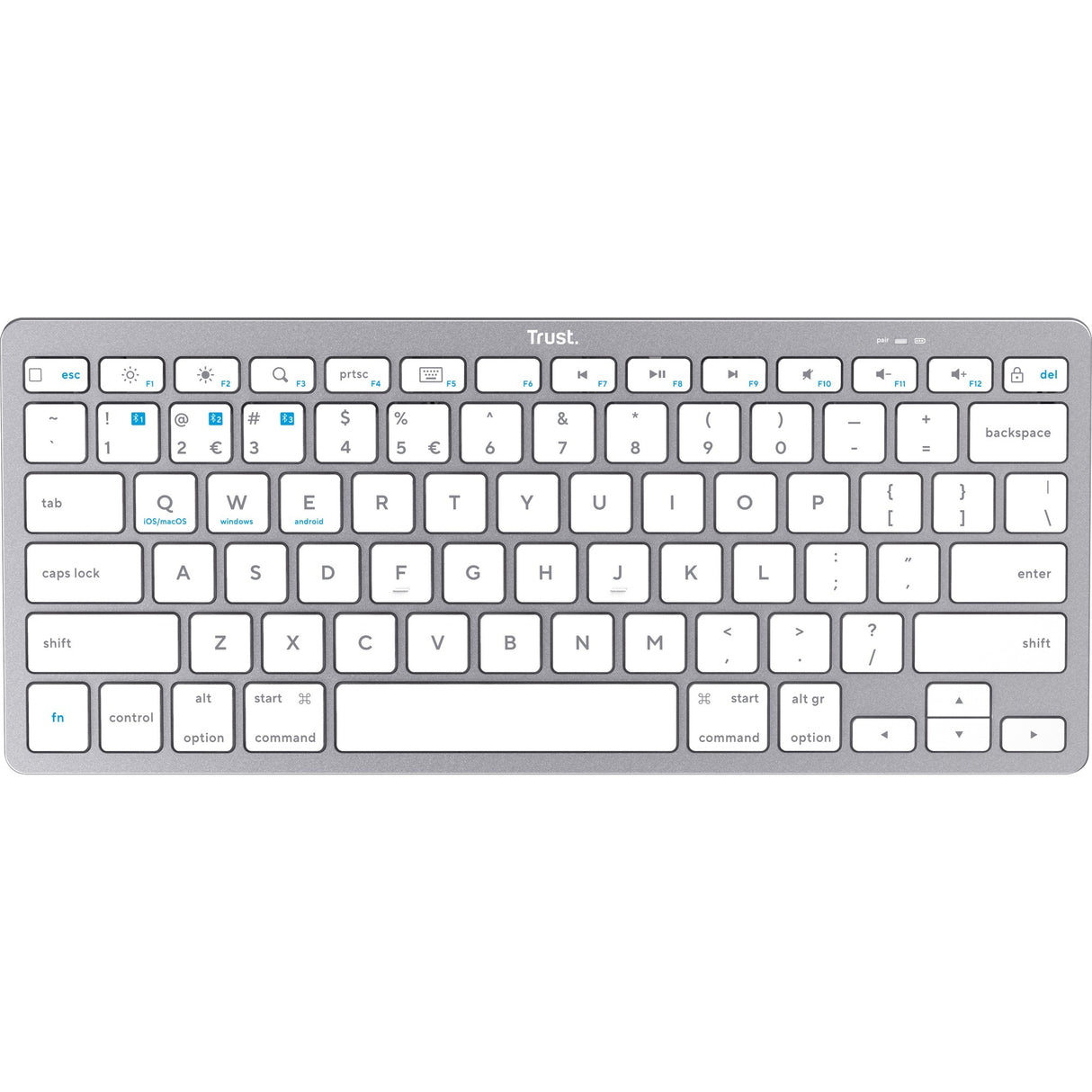 Stol på trådløst Bluetooth-tastatur (grå, amerikansk layout (QWERTY), saksekontakter, 85 %, Bluetooth 4.0)