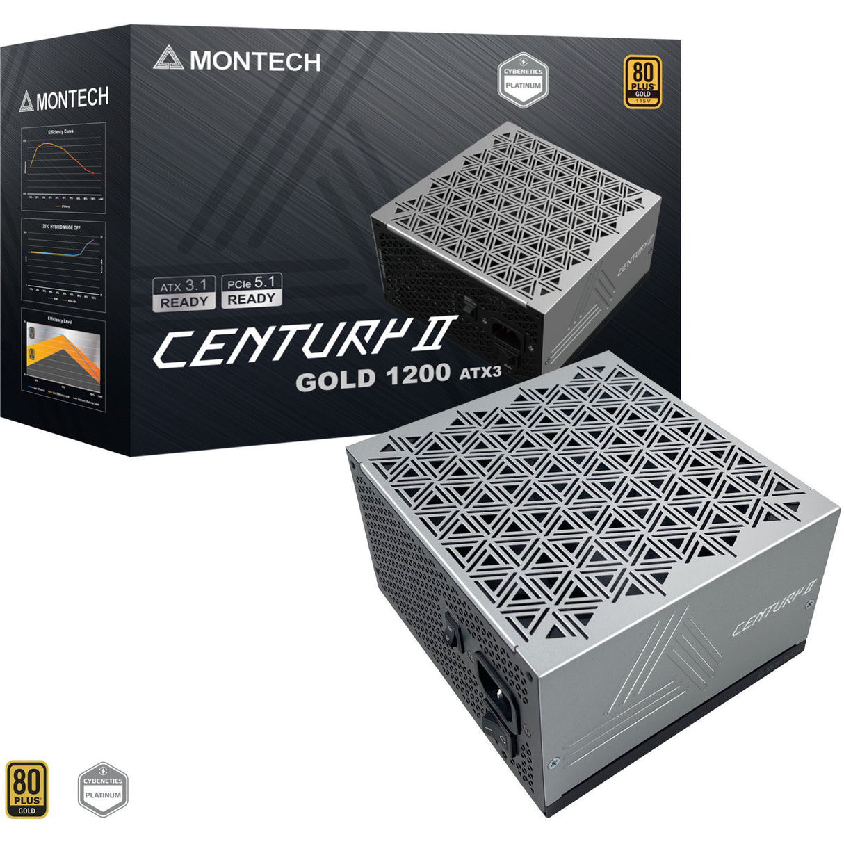 Montech Century ii modulær 1200 watt strømforsyning (sølv, 1x 12v-2x6, 6x pcie)