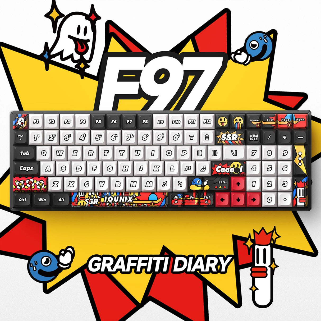 Iqunix f97 graffiti-dagbog trådløst mekanisk tastatur (sort, us-layout (qwerty), cherry mx brown, 96%, rgb-lysdioder, hot-swappable, pbt, 2.4ghz | bluetooth 5.1 | usb-c)