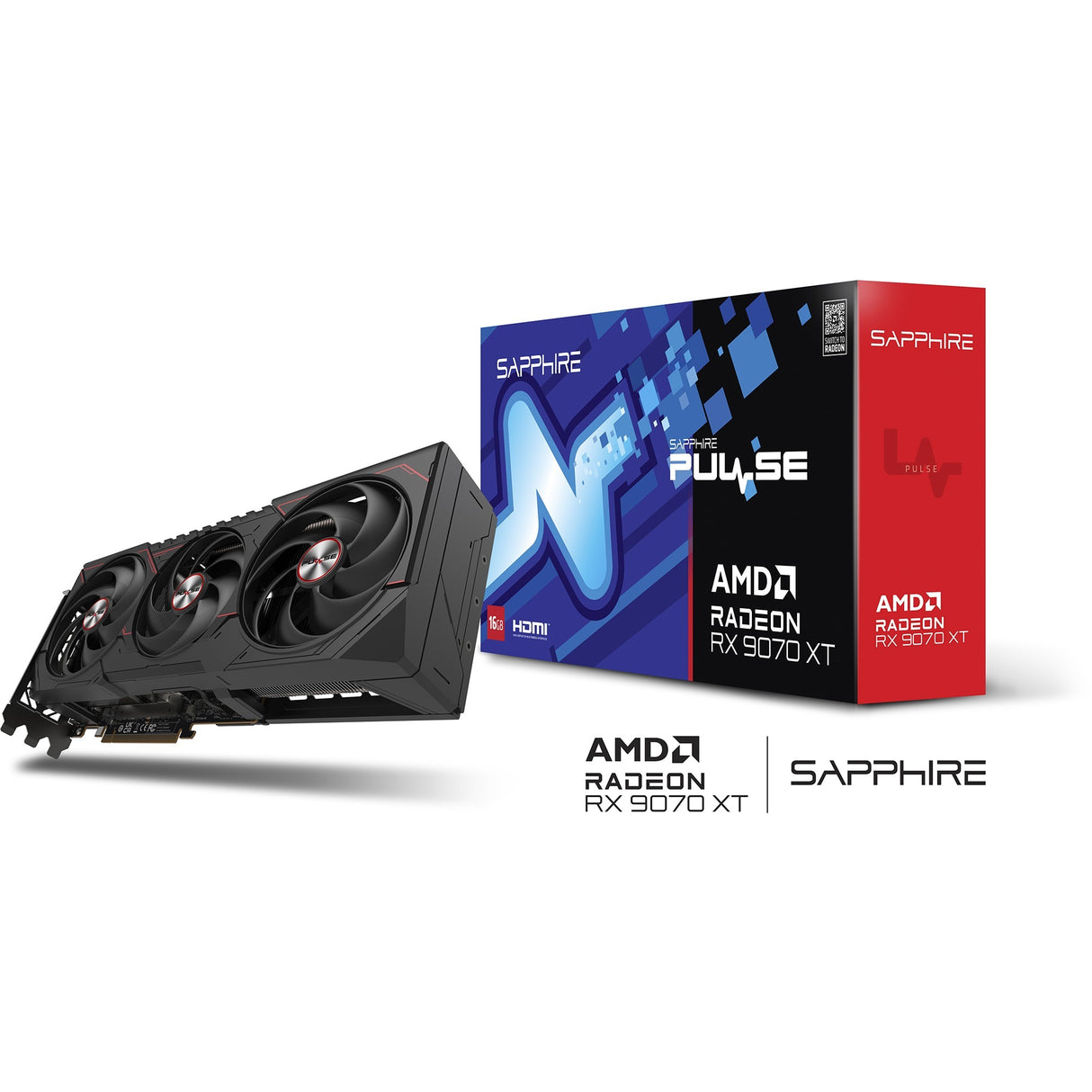 Sapphire Radeon RX 9070 XT Pulse grafikkort (sort, 2x skærmport, 2x HDMI 2.1, RDNA4)