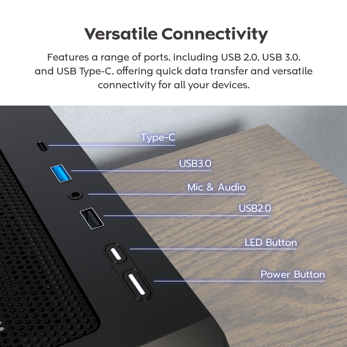 Montech x5 midi tårnhus (sort | 2x USB-A | 1x USB-C | hærdet glas)