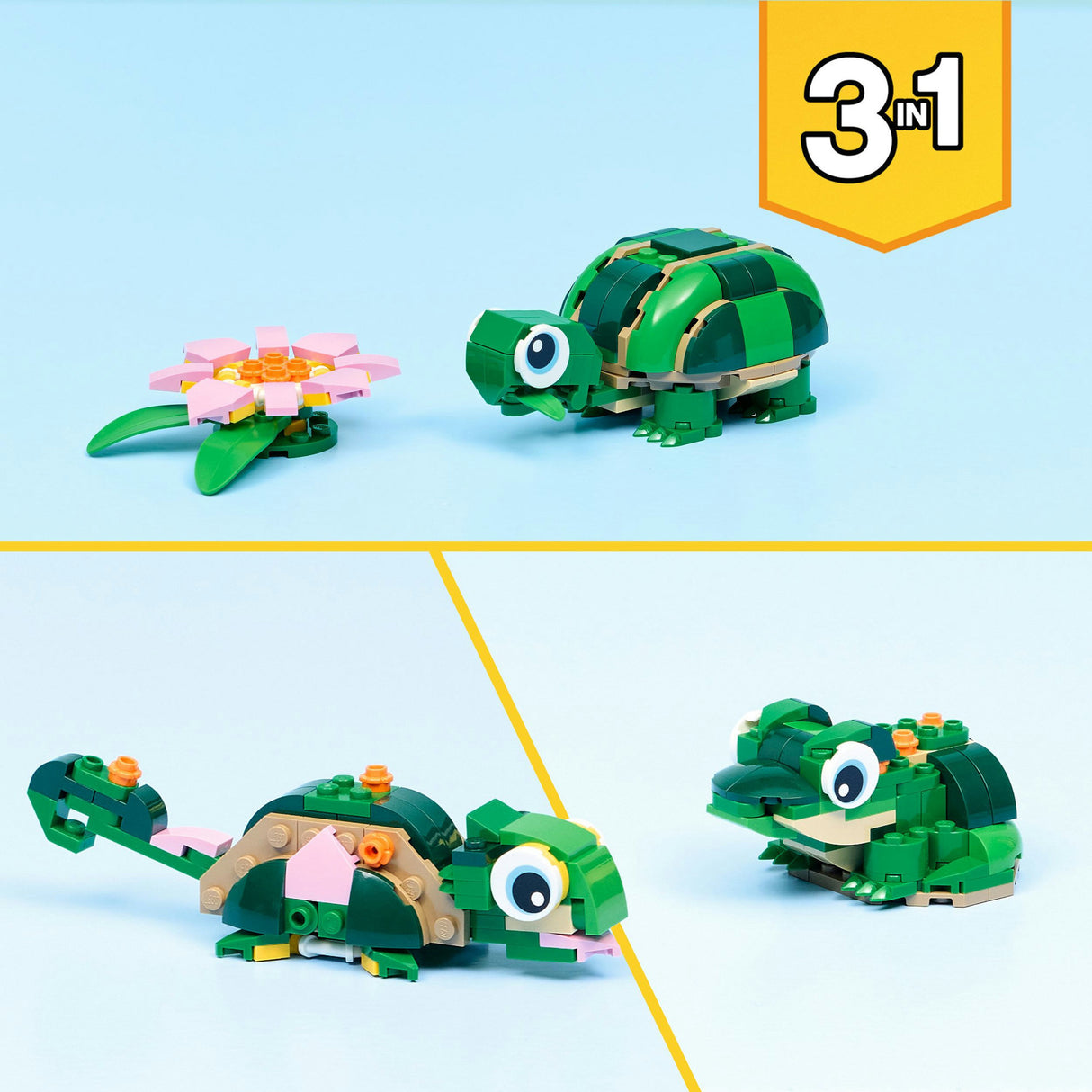 Lego ® creator 3-i-1 skildpadde med åkande - legetøjsmodel - omdannes til en kamæleon eller frø - 31377