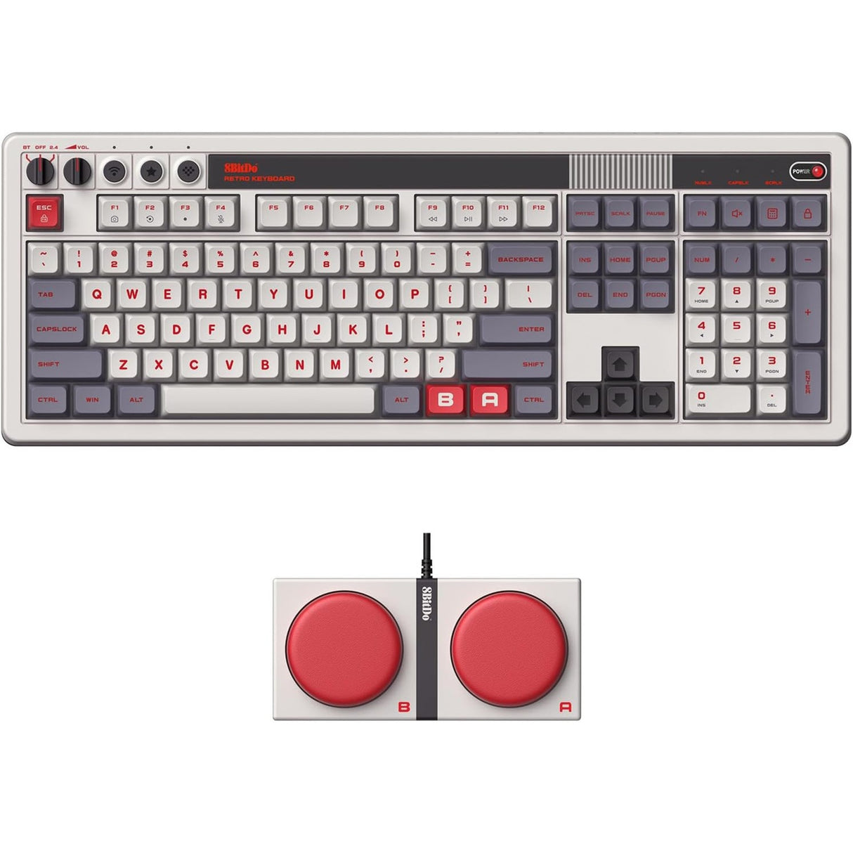 8bitdo retro mekanisk tastatur n udgave (grå, us-layout (qwerty), kailh box hvid, 100%, bluetooth lavenergi, trådløs 2.4g, usb)