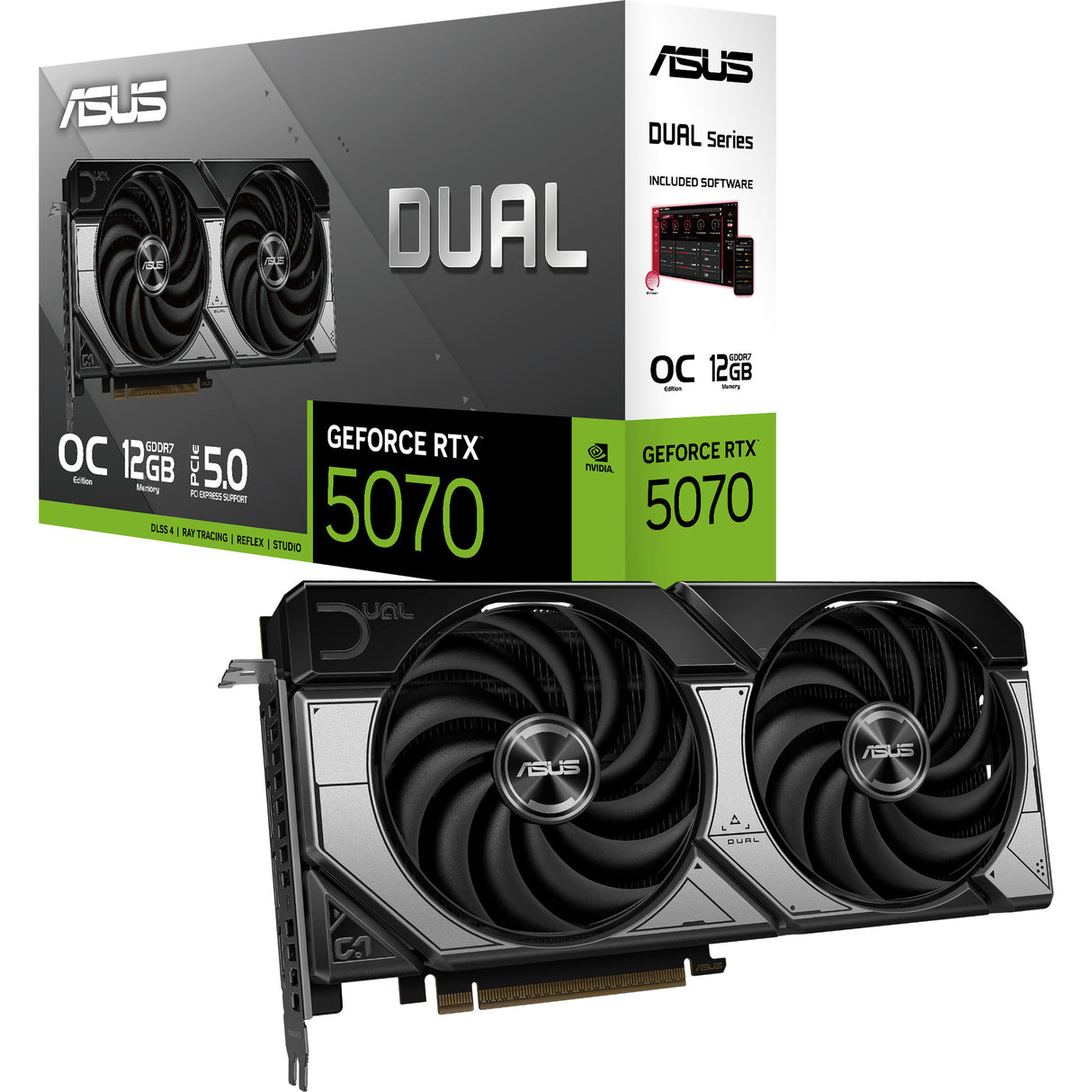 Asus Dual GeForce RTX 5070 OC grafikkort (DLSS 4, 3x Display Port, 1x HDMI 2.1)