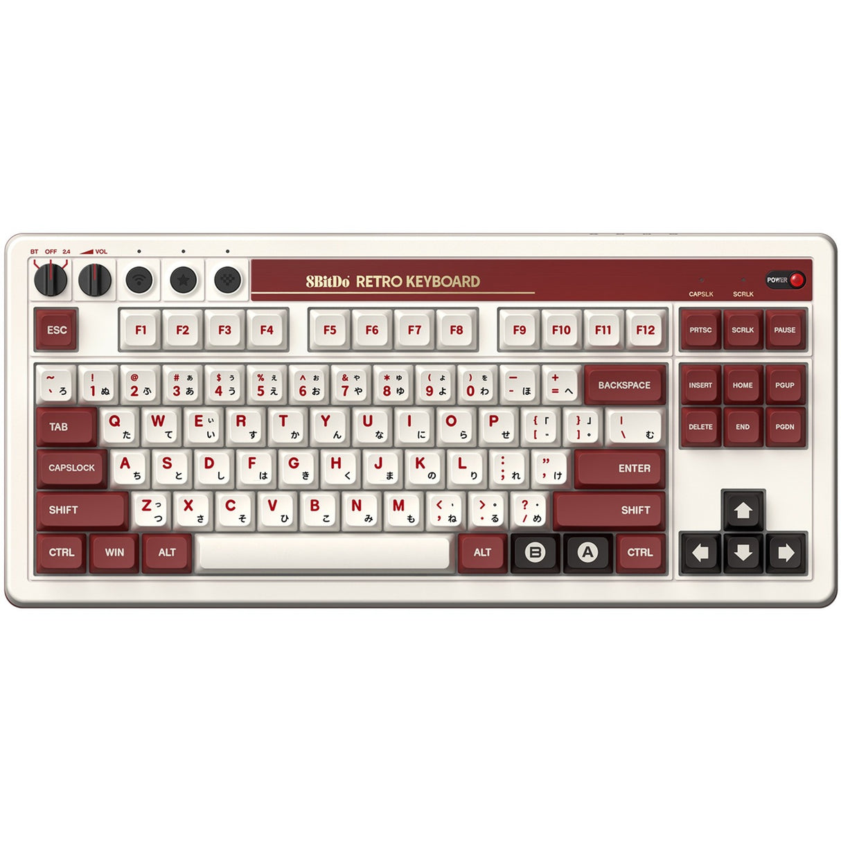 8bitdo retro mekanisk tastatur fami edition (beige, us layout (qwerty), kailh box hvid, 80% (tkl), bluetooth lavenergi, trådløs 2.4g, usb)
