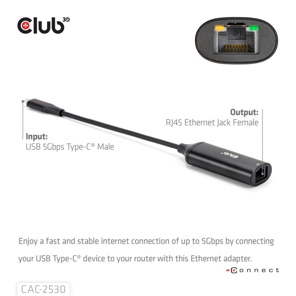 Club 3D USB-C til RJ45 5 Gbps Ethernet MF-adapter (sort)