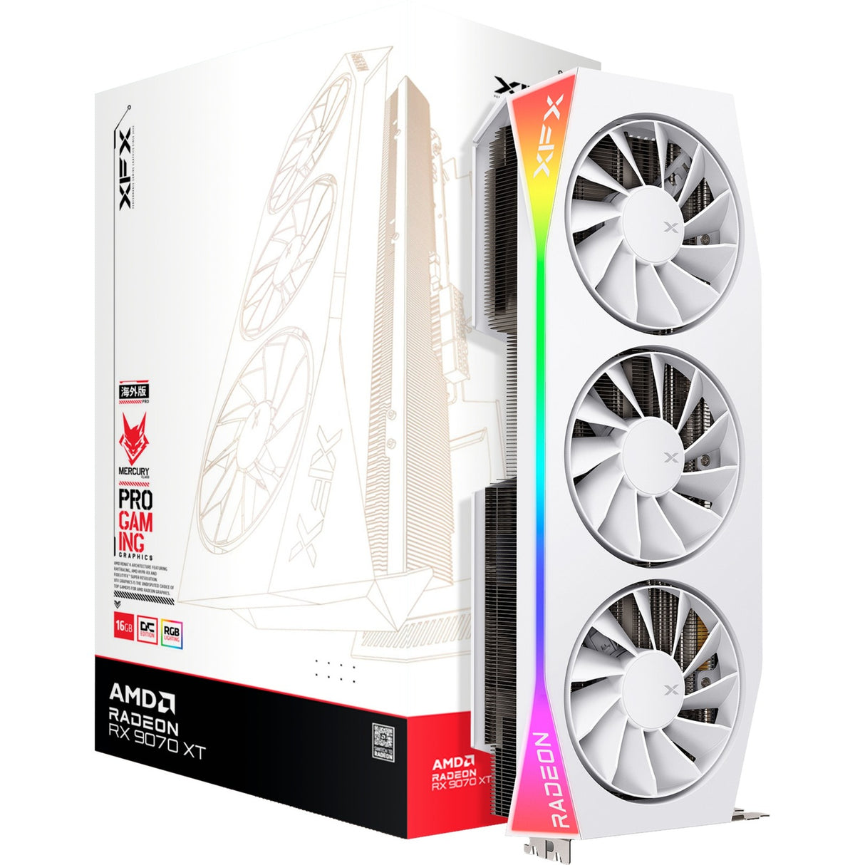 XFX Radeon RX 9070 XT OC Mercury RGB-grafikkort (hvidt, RDNA4, GDDR6, 3x Display Port, 1x HDMI 2.1)