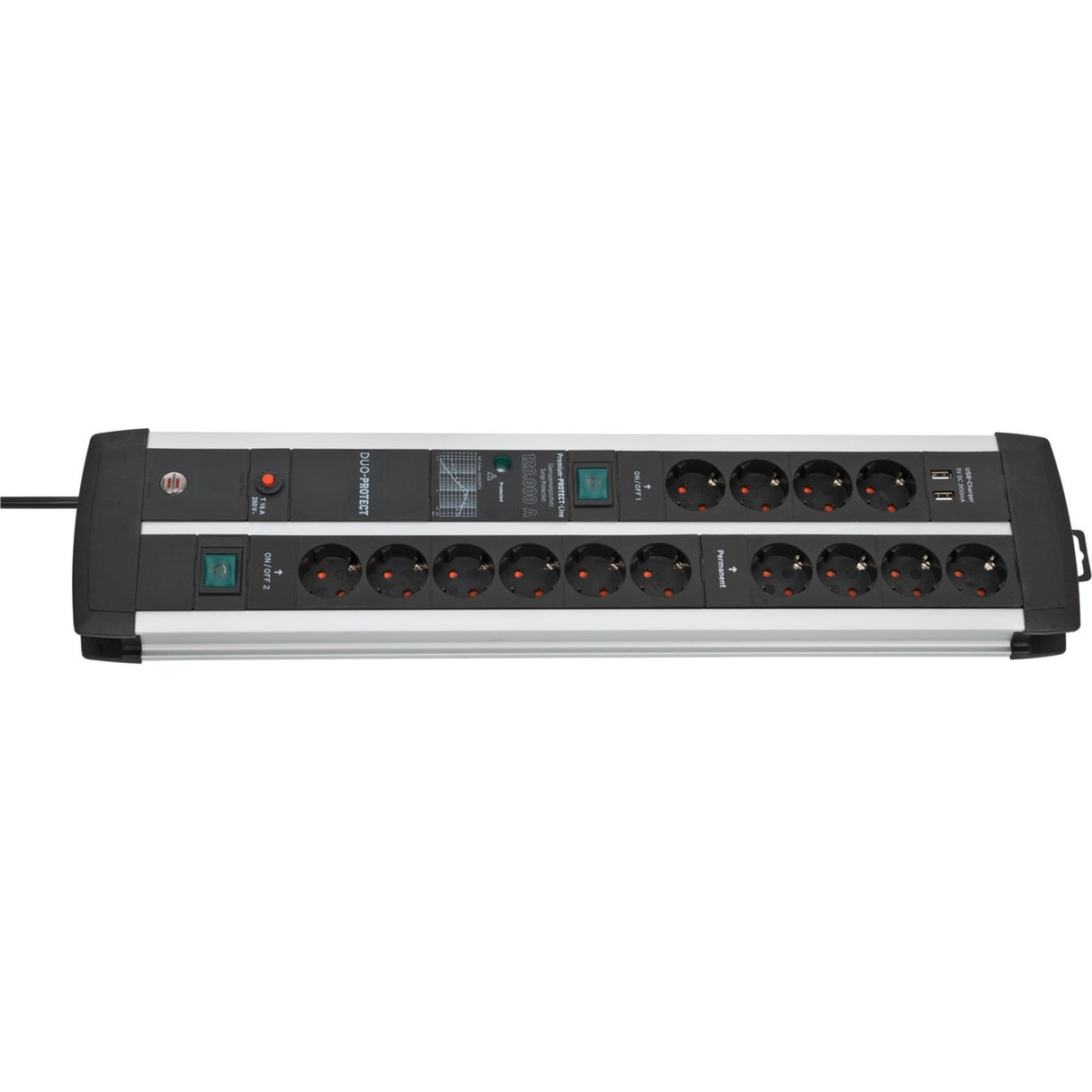 Brennerstuhl premium-protect-line 14-vejs strømskinne med overspændingsbeskyttelse og USB-porte (USB A-porte 5v 3.10a, 15.5w, 2 switche, 3m kabel, fremstillet i Tyskland)