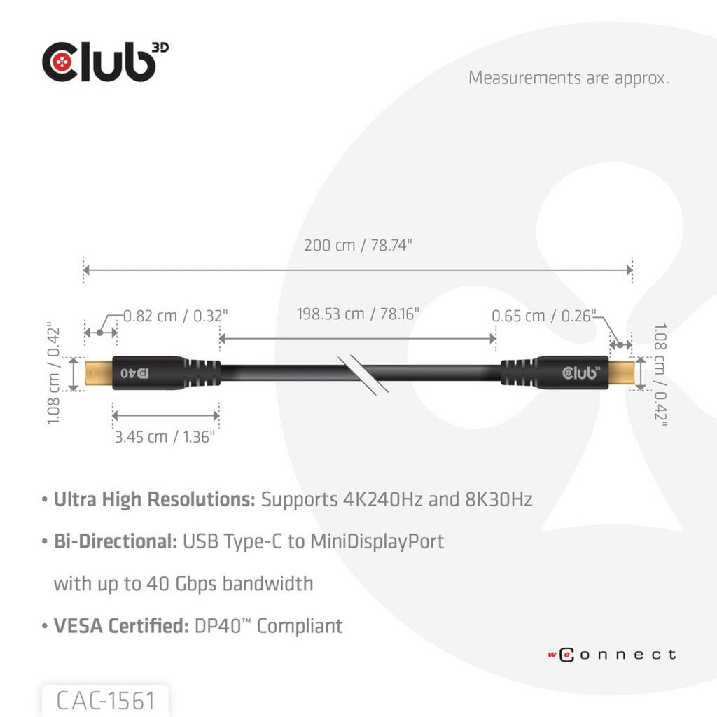 Club 3D USB-C til Mini DisplayPort DP40 tovejsadapter (sort, 2 meter, Vesa-certificeret)