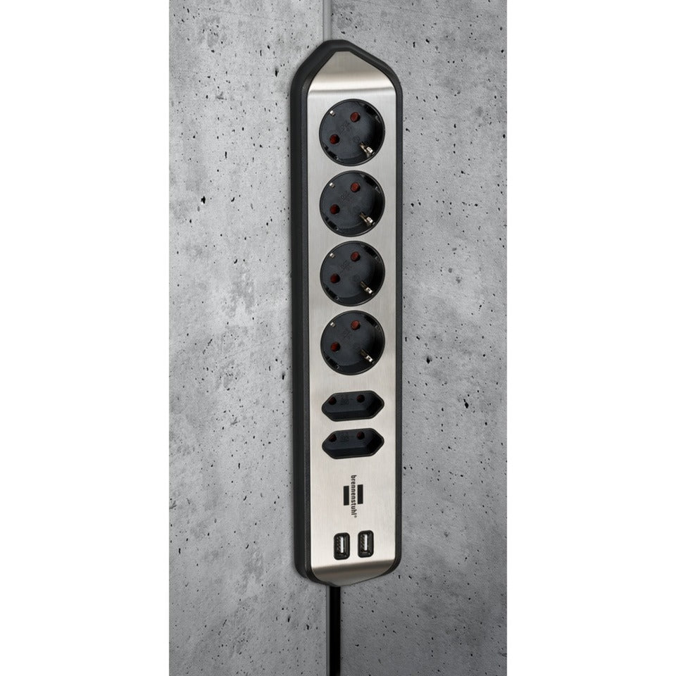 Brennerstuhl ®estilo hjørne tilslutningsboks med USB-opladningsfunktion 6-vejs 4x beskyttelsesstik 2x euro sølv sort