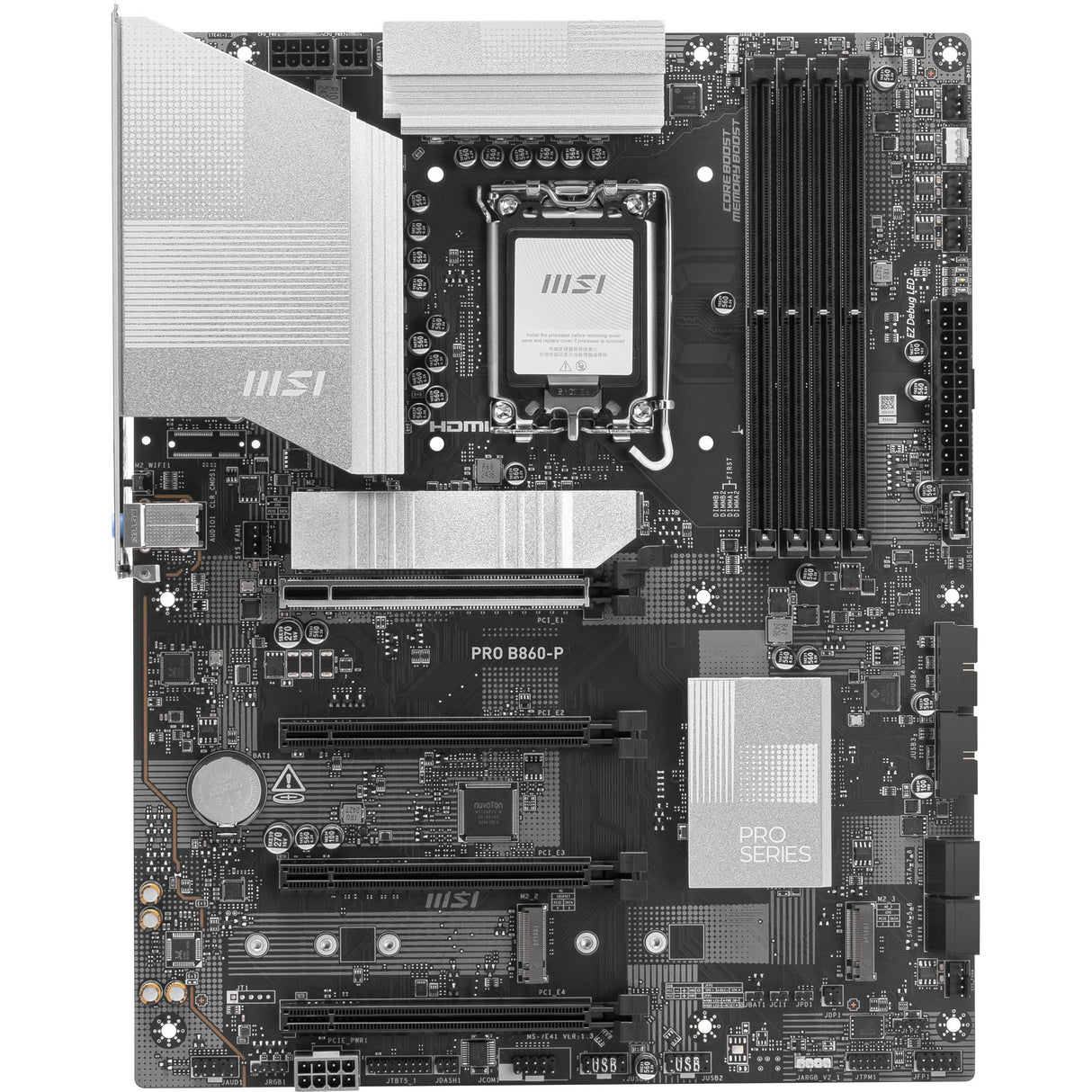 MSI Pro B860-P Socket 1851 bundkort (sølv, RAID, 5GB-LAN, lyd, ATX)