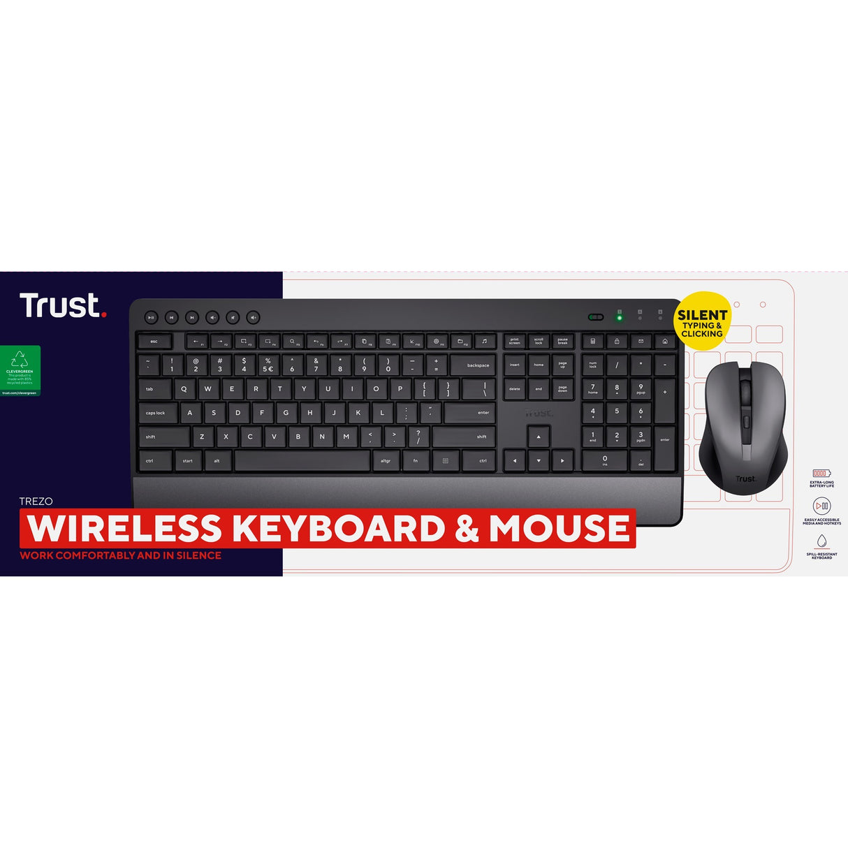 Trust trezo comfort trådløst tastatur og mus sæt desktop sæt (sort, us layout (qwerty), 100%)