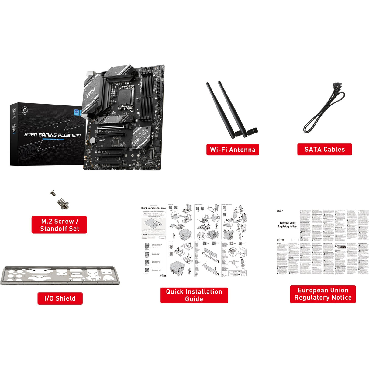 MSI B760 Gaming Plus Wi-Fi Socket 1700 bundkort (grå sort, RAID, 2,5 GB LAN, Wi-Fi 6e, BT, lyd, ATX)