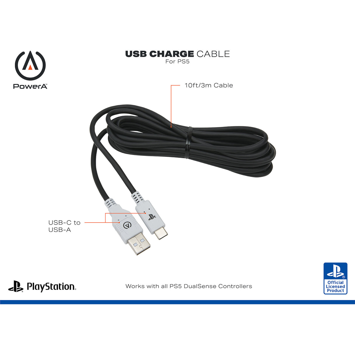 Powera USB-C kabel til Playstation 5 (sort og hvid, 3 meter)