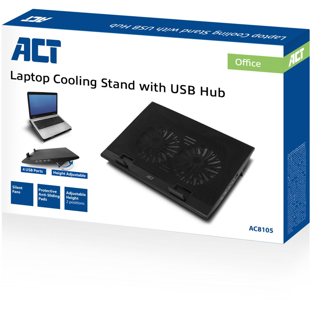Act connectivity laptop stativ, med blæser, højdejusterbar i 2 positioner (sort, 4-ports USB 2.0 hub)