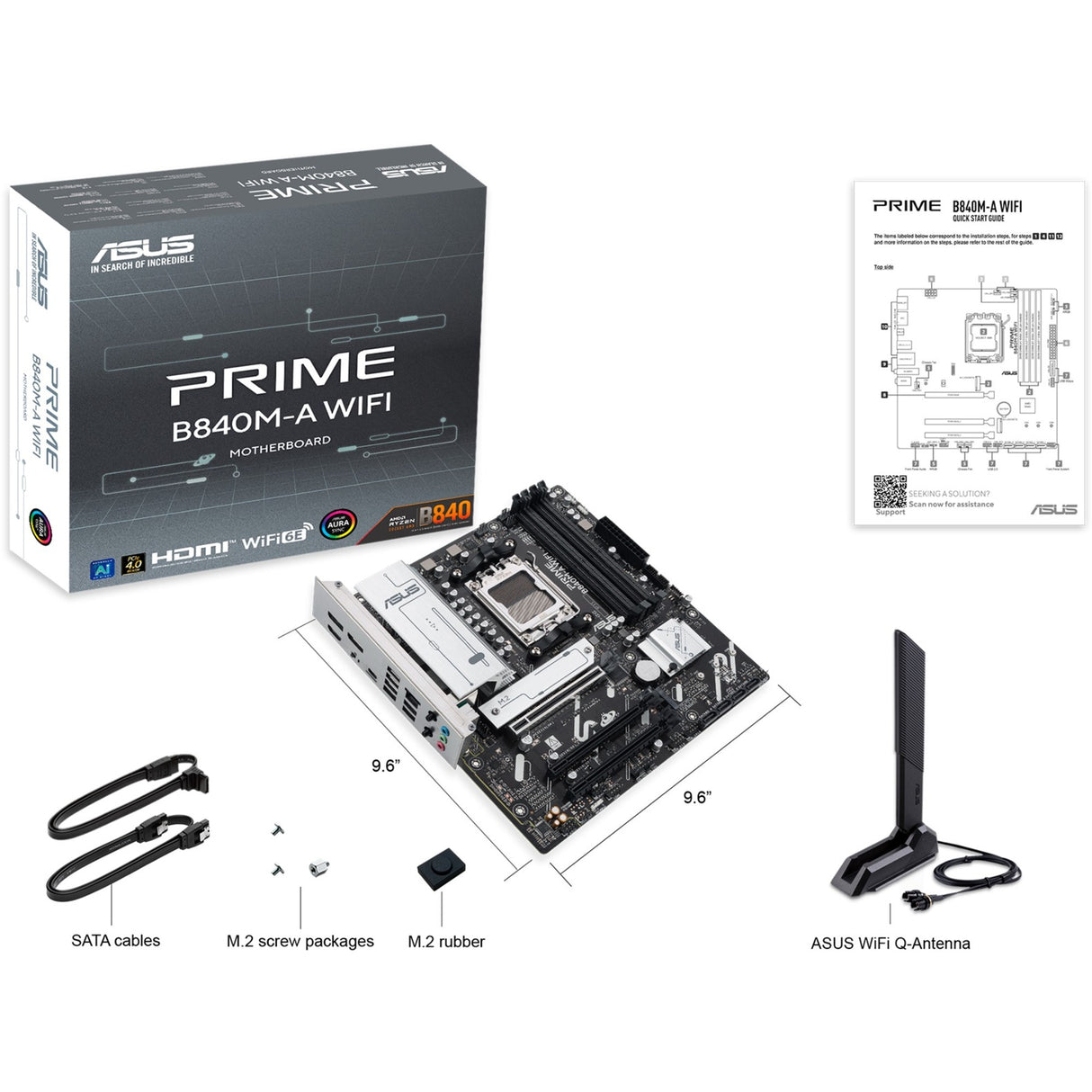 Asus Prime B840m-A Wi-Fi Socket AM5 bundkort (2,5 GB-LAN, Wi-Fi 6e, BT, lyd, µATX)