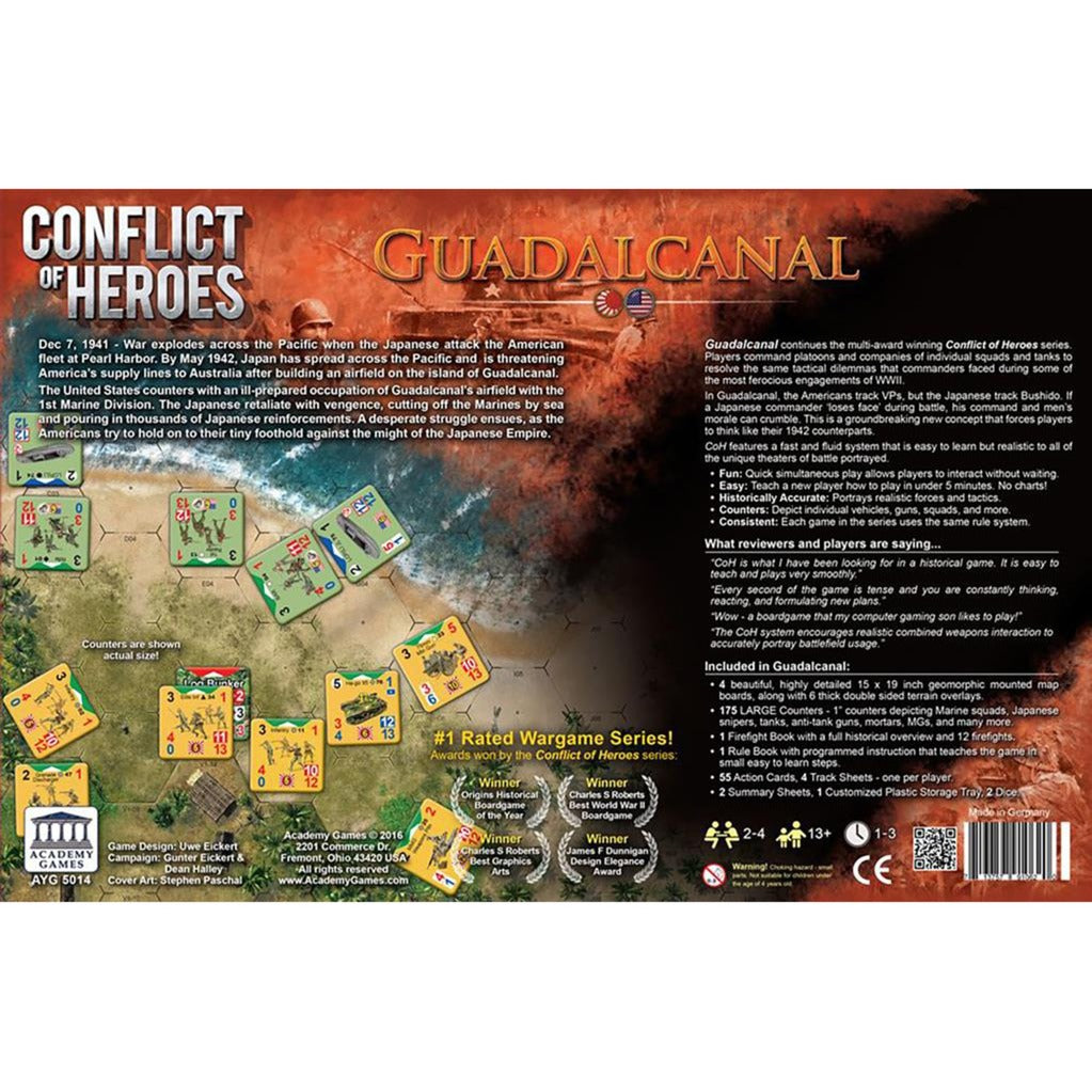 Europæisk spillernetværk konflikt af helte: Guadalcanal the Pacific 1942 brætspil (engelsk, 2 - 4 spillere, 60 - 240 minutter, fra 13 år)