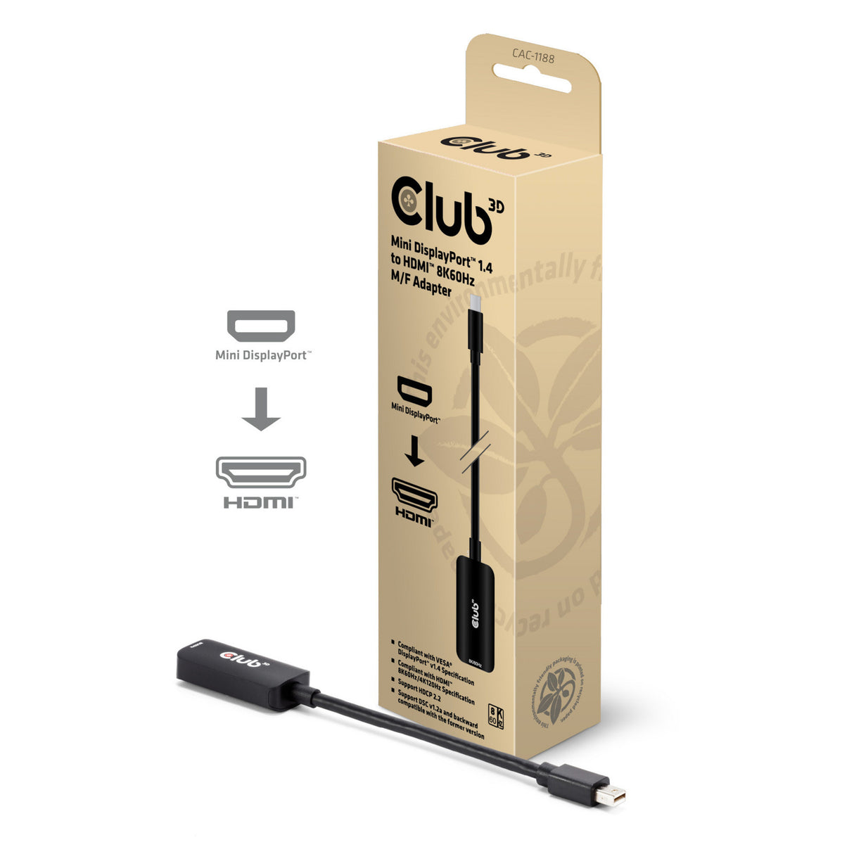 Club 3D Mini Displayport 1.4 til HDMI 8K60Hz M-F Adapter (sort)