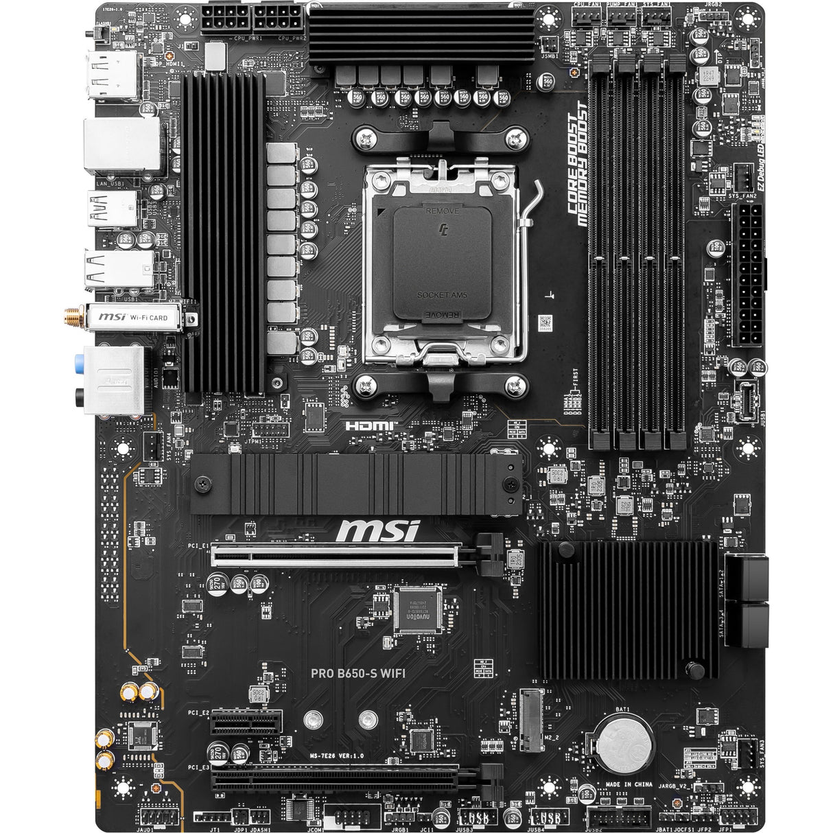 MSI Pro B650-S WiFi Socket AM5 bundkort (sort, RAID, 2,5 GBE-LAN, WiFi 6e, BT, lyd, ATX)