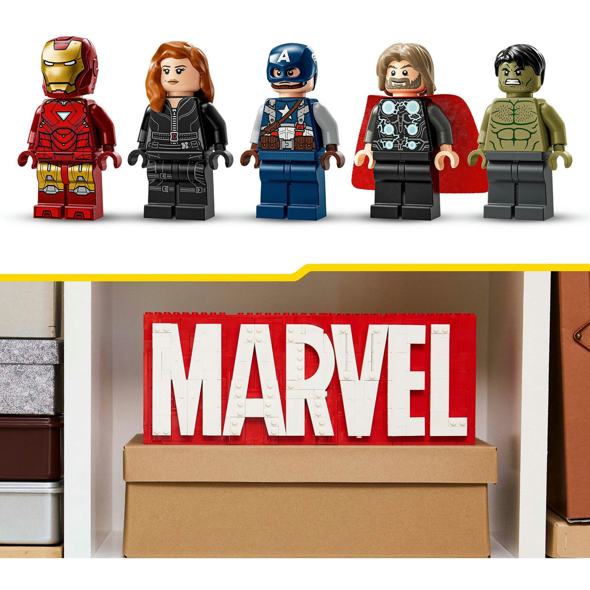Lego superhelte 76313 marvel logo og minifigurer