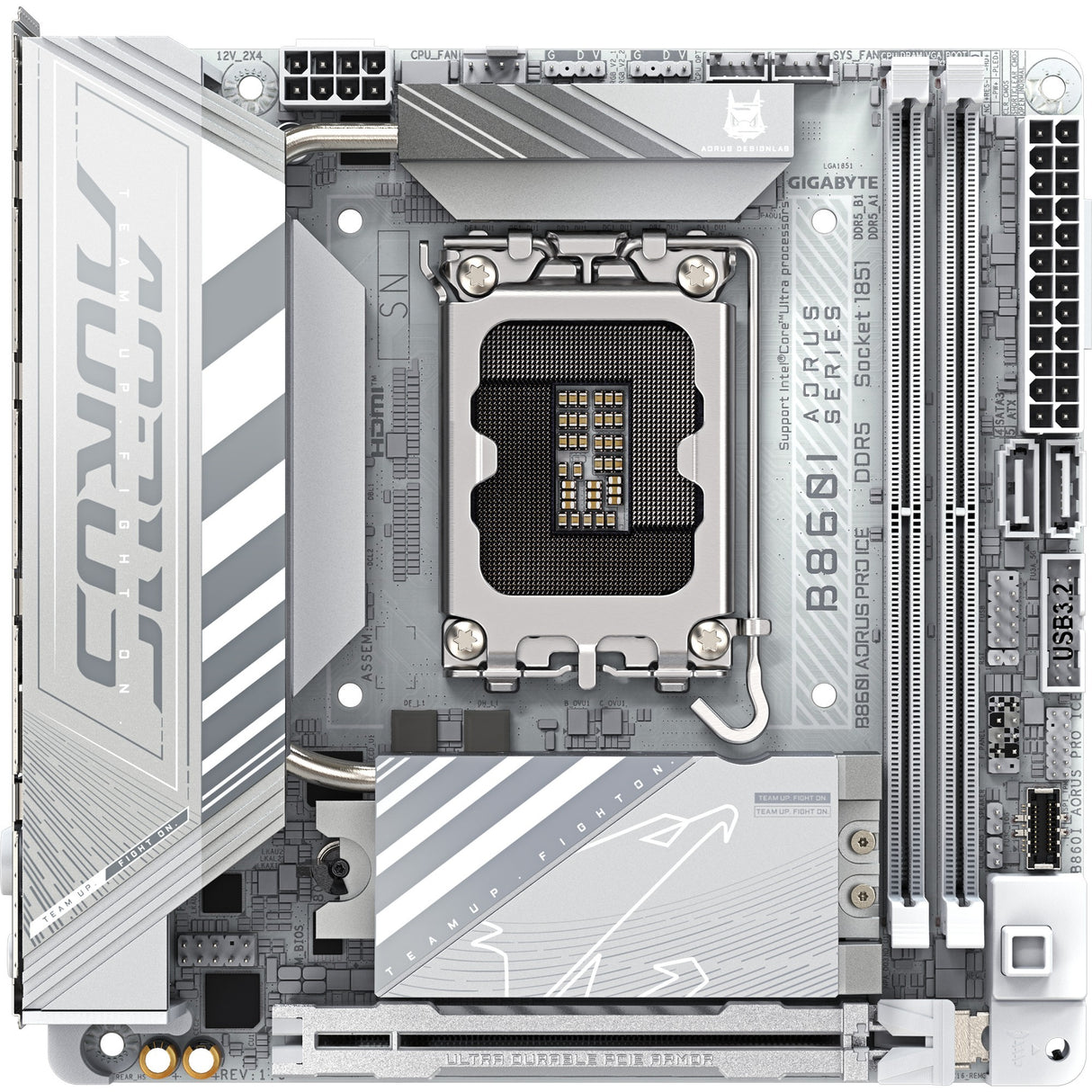 Gigabyte B860i Aorus Pro Ice Socket 1851 bundkort (sølv, RAID, 2,5 GB-LAN, Wi-Fi 7, BT, lyd, Mini-ITX)