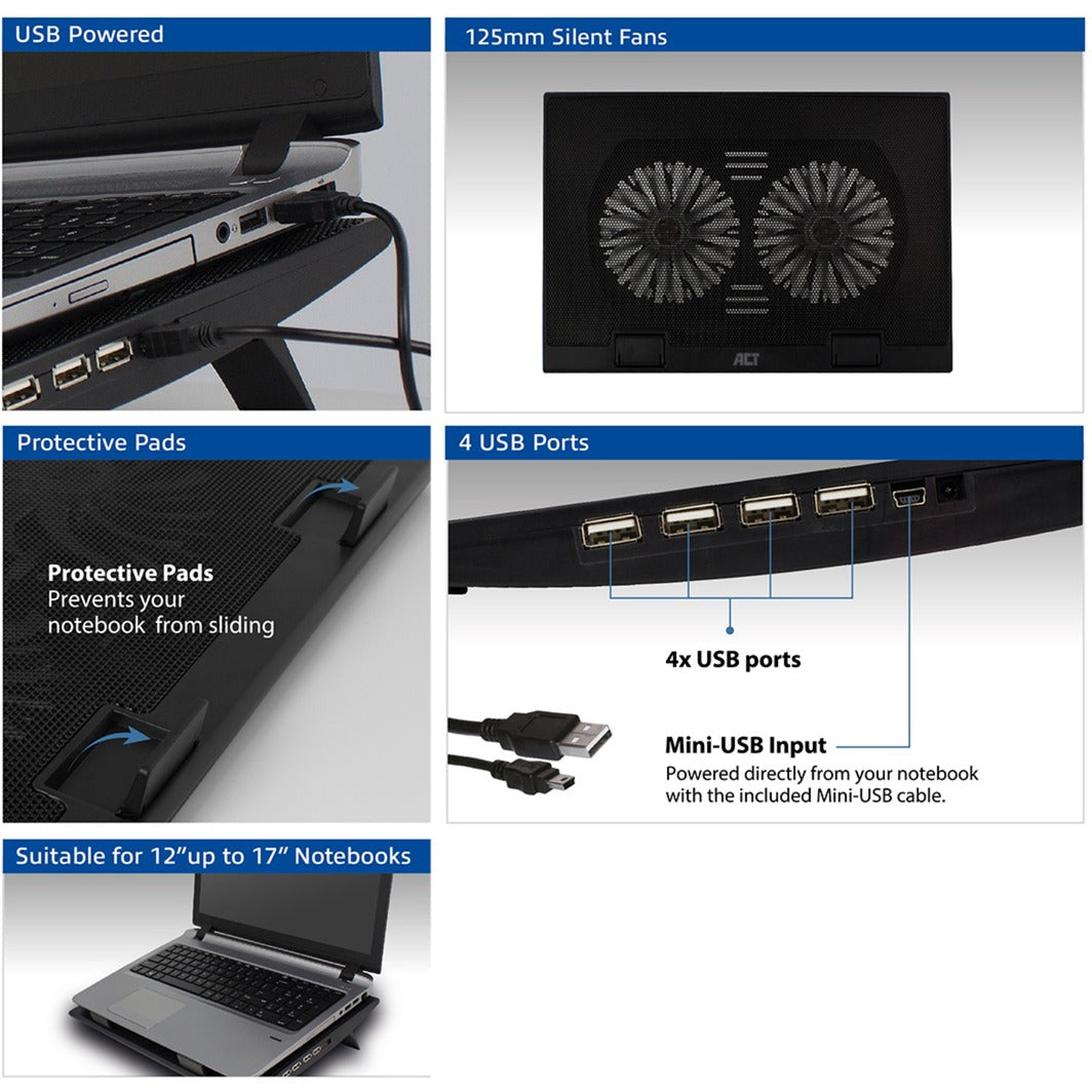 Act connectivity laptop stativ, med blæser, højdejusterbar i 2 positioner (sort, 4-ports USB 2.0 hub)