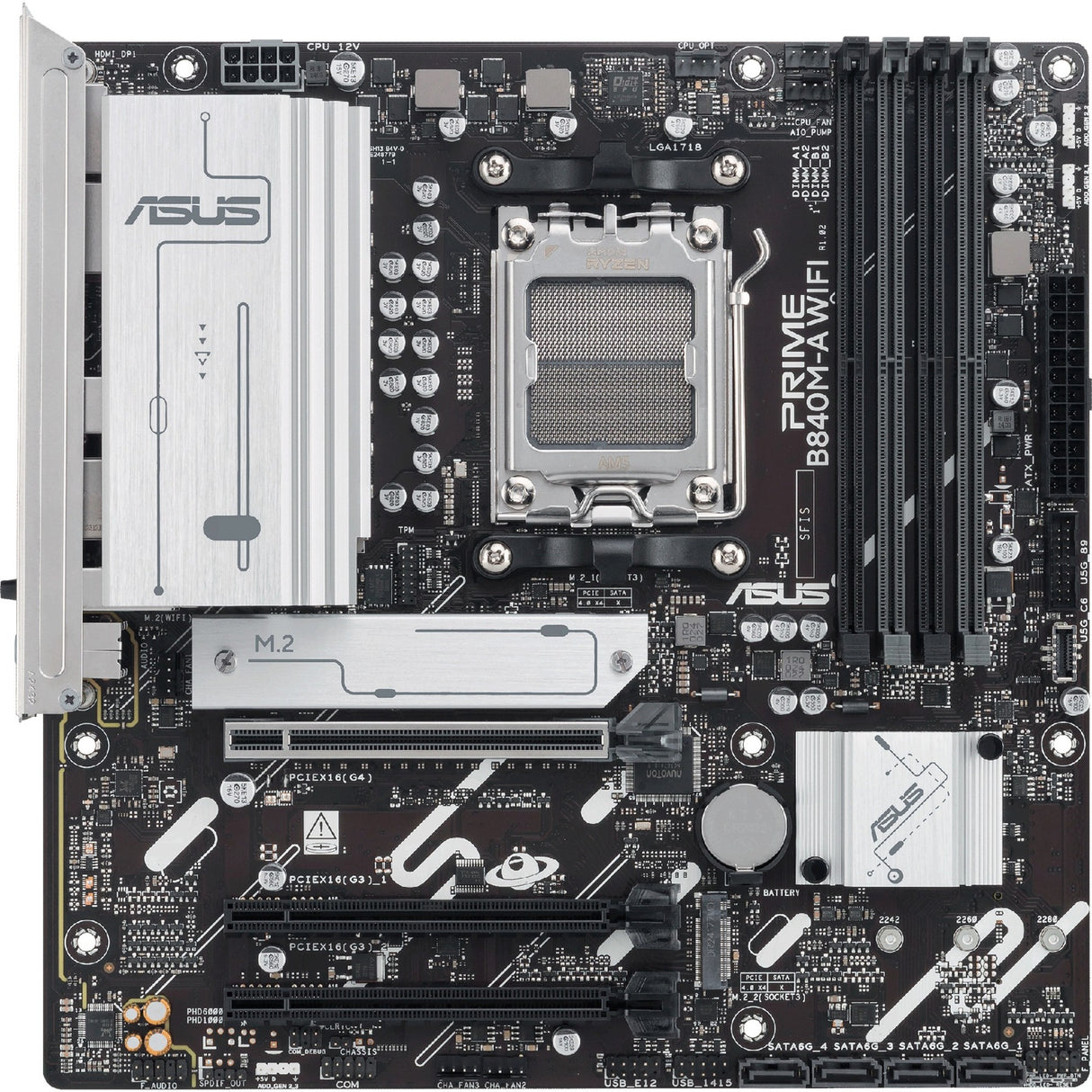 Asus Prime B840m-A Wi-Fi Socket AM5 bundkort (2,5 GB-LAN, Wi-Fi 6e, BT, lyd, µATX)