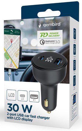 Enzo gembird usb + usb-c biloplader | 30w | sort | status lcd - 9540114