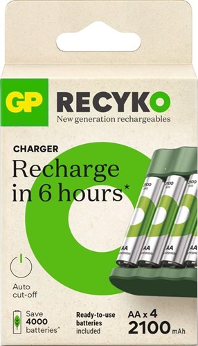 GP USB -batterioplader + 4 x AA -batterier 2100mAh Nimh